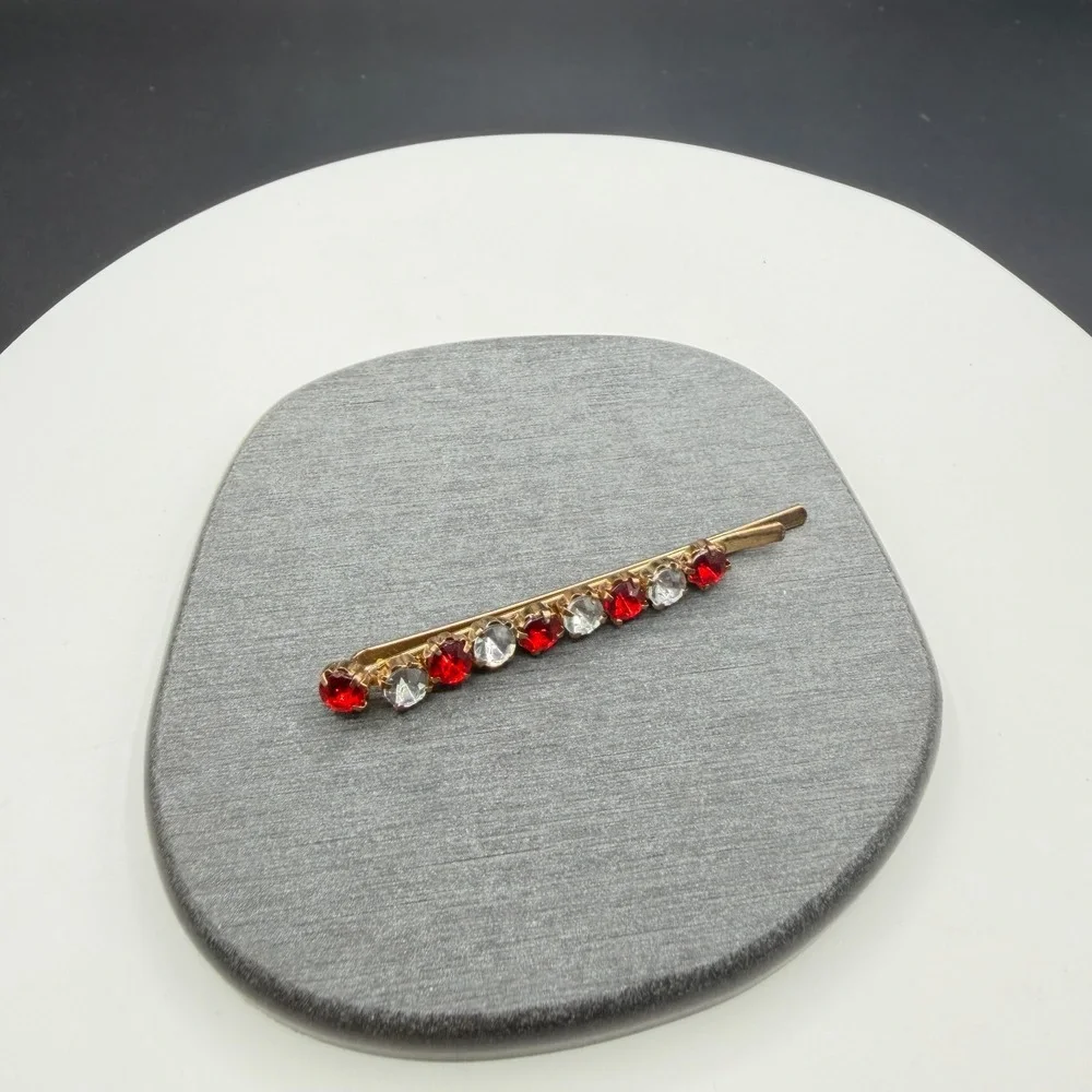 Gold Tone Red Clear Rhinestone Hair Barrette Clip Prong Set Bridal Accessory